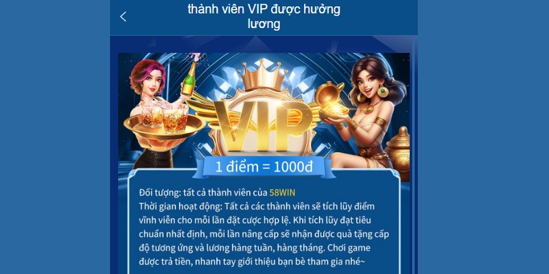 Tài khoản vip tại 58WIN được tặng nhiều quà vô cùng chất lượng
